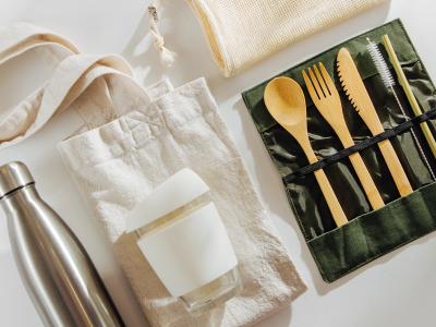 Eco friendly bamboo cutlery, eco bag reusable coffee mug and water bottle Eco friendly bamboo cutlery, eco bag reusable coffee mug and water bottle